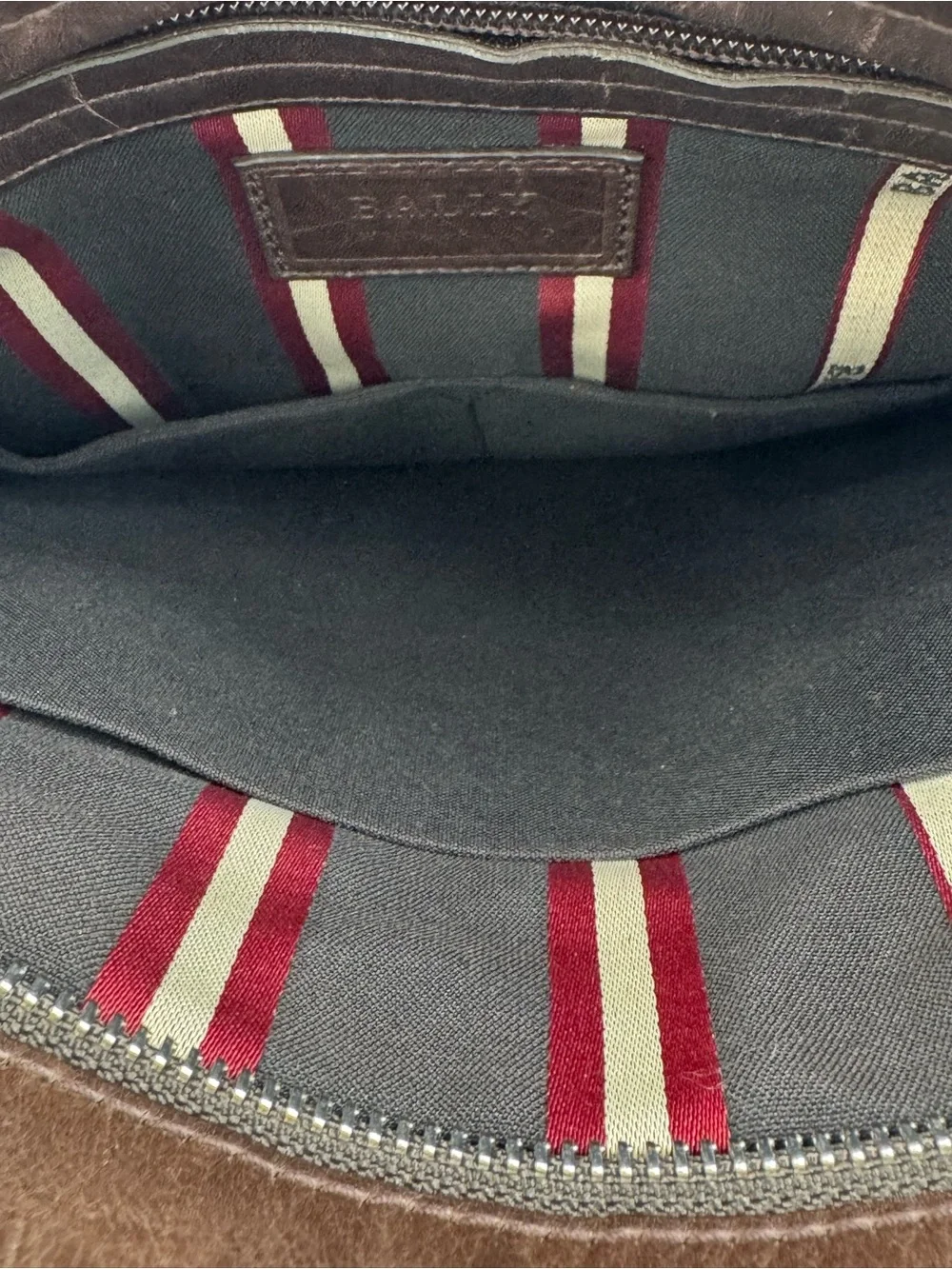 Bally Brown Smooth Leather Messenger with Red & Cream Striped Adjustable Strap
